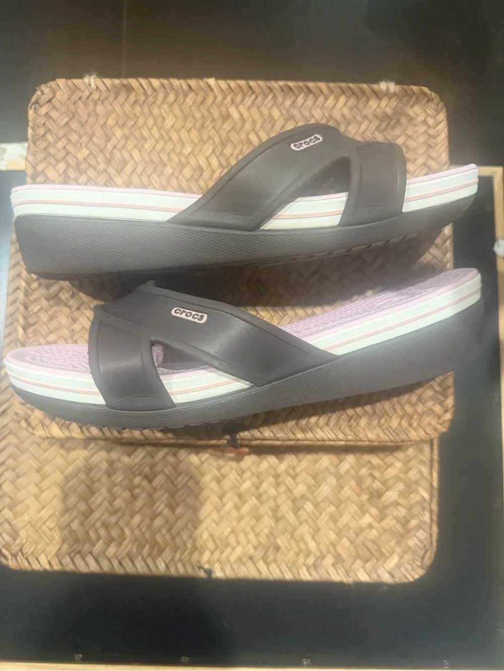 CROCS Women's Slide Sandals in Black Straps and Light Pink Footbed